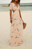 Casual Vacation Print Hollowed Out Split Joint V Neck A Line Dresses