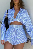 Fashion Casual Striped Split Joint Turndown Collar Long Sleeve Two Pieces