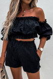 Casual Street Solid Split Joint Flounce Off the Shoulder Three Quarter Two Pieces