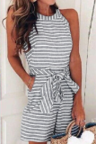 Casual Patchwork Bandage With Belt O Neck Loose Rompers