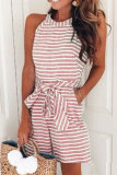 Casual Patchwork Bandage With Belt O Neck Loose Rompers
