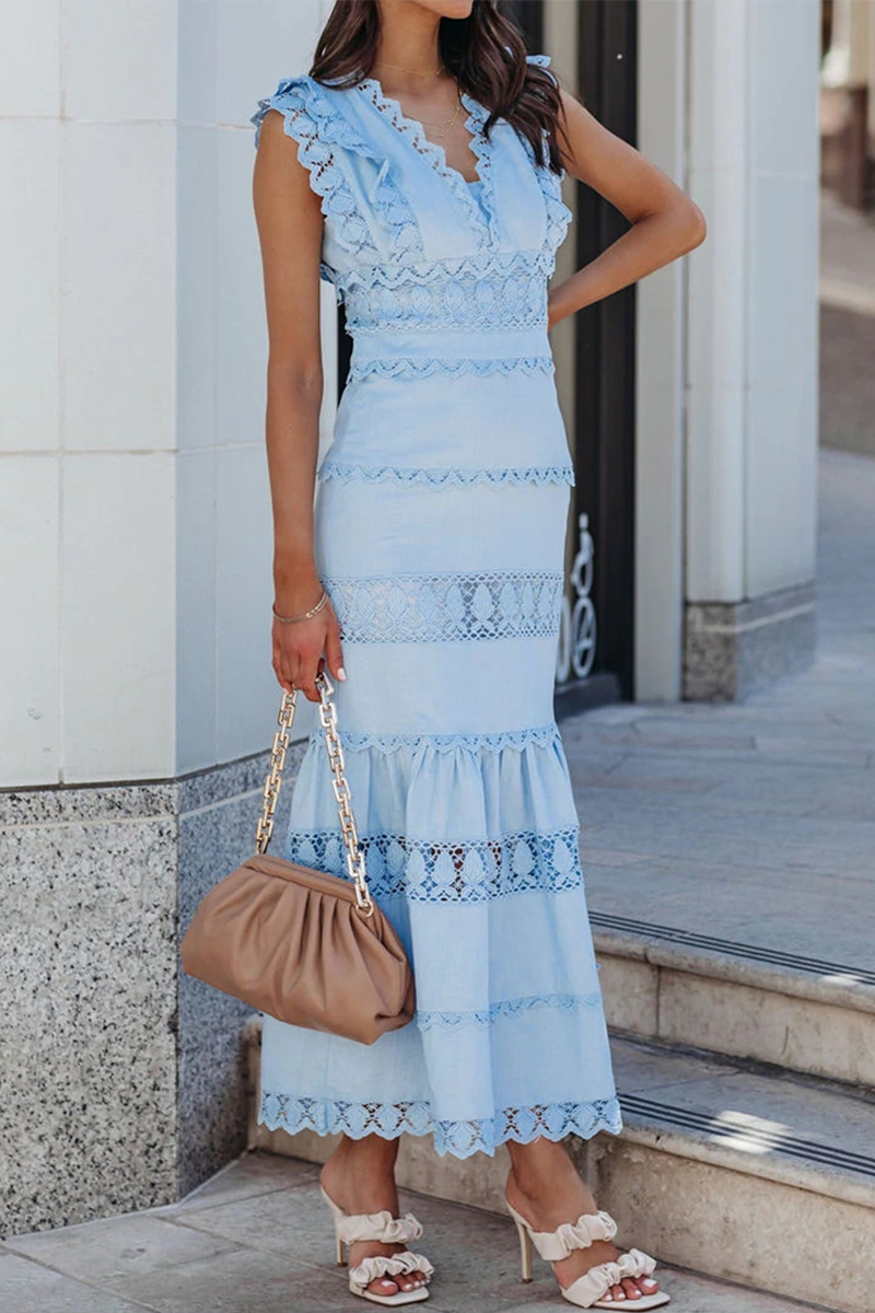 Casual Patchwork Lace V Neck Trumpet Mermaid Dresses(4 Colors)