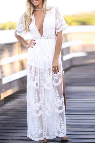 Sexy Solid Patchwork V Neck Lace Dress Dresses