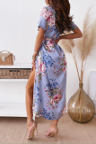 Fashion Elegant Floral Buckle Slit With Belt Turndown Collar A Line Dresses