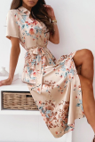 Fashion Elegant Floral Buckle Slit With Belt Turndown Collar A Line Dresses