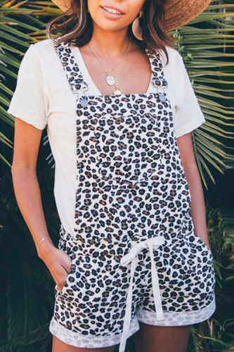 Casual Leopard Patchwork Draw String Straight Rompers