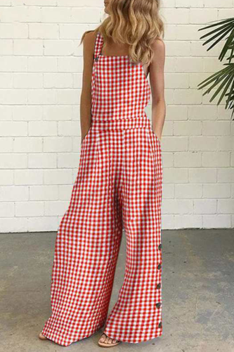 Casual Plaid Buttons Square Collar Straight Jumpsuits(4 Colors)