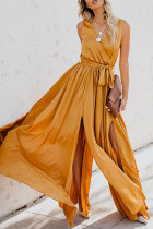 Fashion Street Solid Slit V Neck Waist Skirt Dresses
