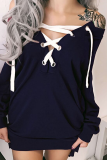 Casual Solid Draw String V Neck Tops