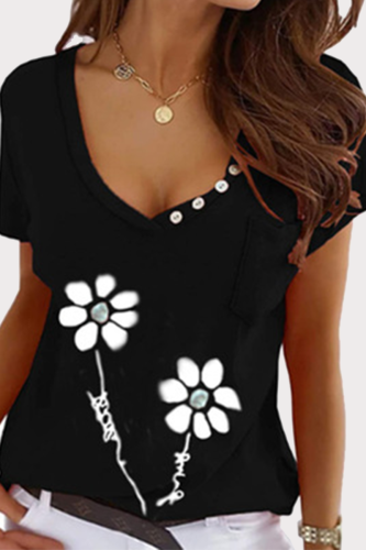 Casual Print Patchwork Buckle V Neck T-Shirts