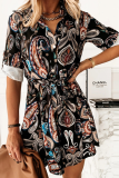 Fashion Leopard Patchwork Turndown Collar Shirt Dress Dresses