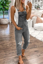Street Print Solid Ripped Patchwork Buttons Off the Shoulder Regular Jumpsuits
