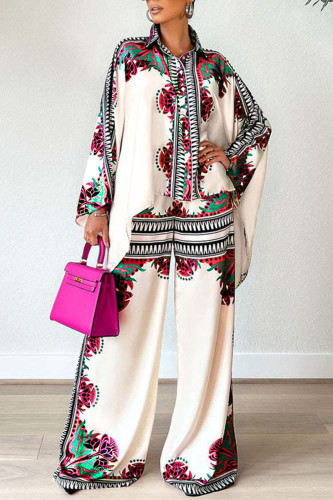 Casual Print Patchwork Buckle Asymmetrical Turndown Collar Long Sleeve Two Pieces