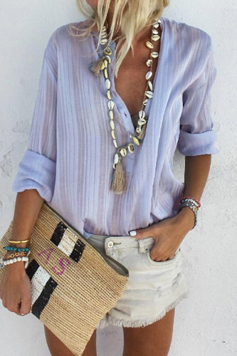 Street Striped Buttons V Neck Tops