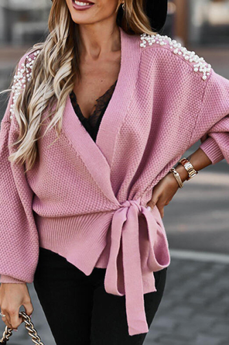 Casual Elegant Solid Beading Strap Design V Neck Tops Sweater