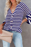Casual Striped Patchwork Buckle V Neck Tops