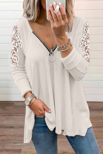 Casual Patchwork Lace Zipper V Neck Tops