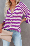 Casual Striped Patchwork Buckle V Neck Tops