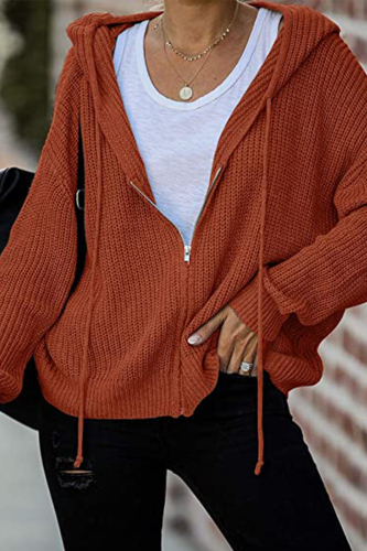 Casual Solid Draw String Zipper Hooded Collar Tops