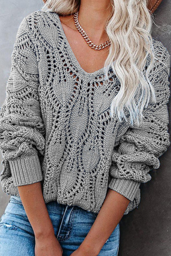 Casual Solid Hollowed Out V Neck Sweaters(4 Colors)