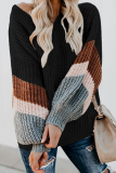 Casual Striped Patchwork Contrast V Neck Tops Sweater