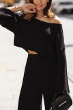 Fashion Sexy Solid Basic Off the Shoulder Long Sleeve Two Pieces