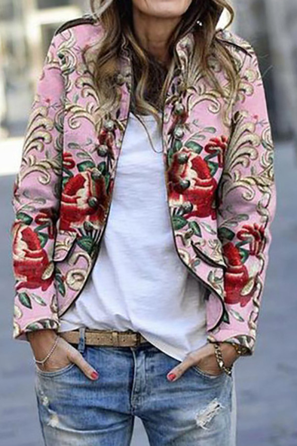 Elegant Print Printing Turndown Collar Outerwear