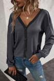 Casual Solid Patchwork Buttons V Neck T-Shirts