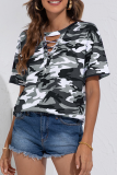 Casual Tie Dye Camouflage Print Hollowed Out Cross Straps O Neck T-Shirts