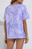 Casual Tie Dye Camouflage Print Hollowed Out Cross Straps O Neck T-Shirts
