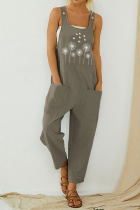 Casual Print Pocket Buttons U Neck Straight Jumpsuits