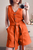 Fashion Street Solid With Belt V Neck Loose Rompers