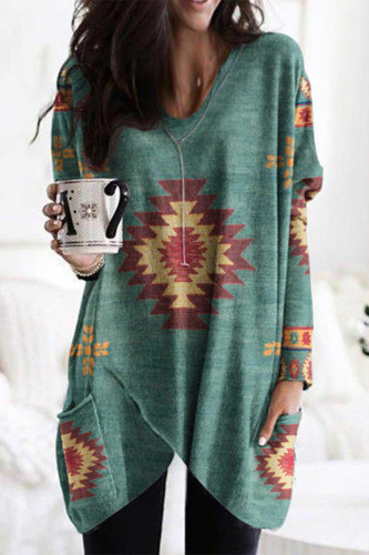 Casual Vintage Geometric Print Patchwork Pocket V Neck Tops