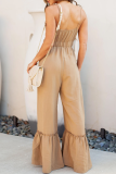 Sexy Patchwork Solid Draw String Flounce V Neck Regular Jumpsuits