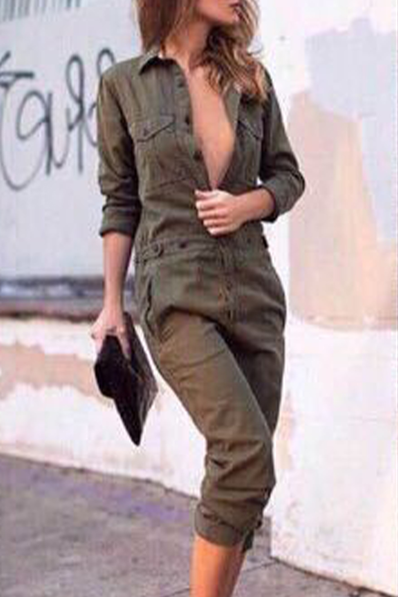 Casual Street Solid Pocket Turndown Collar Loose Rompers