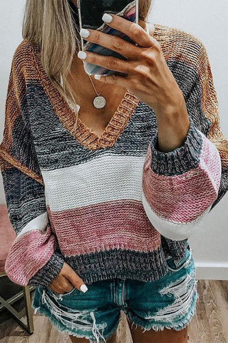 Casual Sweet Color Block Patchwork V Neck Tops
