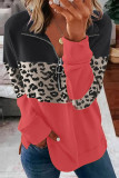 Fashion Leopard Color Block Patchwork Zipper Collar Tops