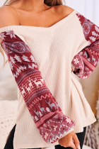 Casual Wapiti Patchwork Contrast V Neck Tops
