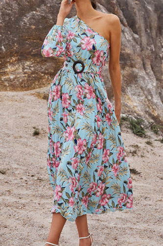 Fashion Print With Belt Oblique Collar Pleated Dresses