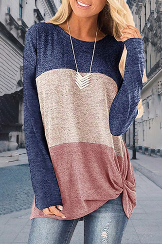 Casual Patchwork Contrast O Neck Tops