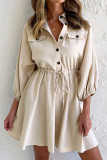 Elegant Solid Pocket Frenulum Solid Color Turndown Collar Long Sleeve Dresses