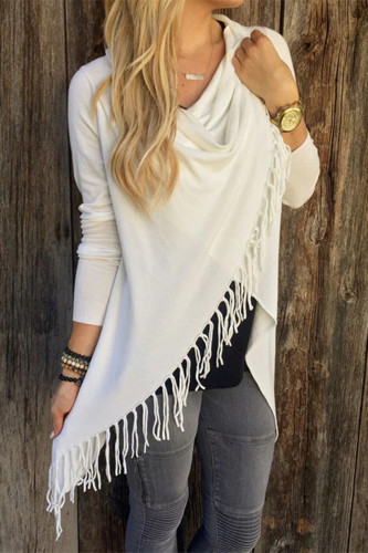 Wisherryy Solid Color Casual Fringe Long Sleeve T-Shirt
