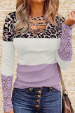 Leopard Print Lace Panel Striped Casual T-Shirt