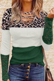 Leopard Print Lace Panel Striped Casual T-Shirt