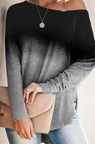 Casual Gradual Change Patchwork Asymmetrical O Neck Tops