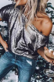 Casual Solid Sequins One Shoulder T-Shirts