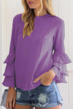Casual Solid Flounce O Neck Tops