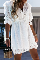 Fashion Casual Solid Hollowed Out V Neck A Line Dresses