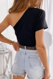 Casual Simplicity Solid Patchwork Asymmetrical Oblique Collar T-Shirts