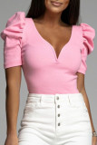 Casual Simplicity Solid V Neck Tops